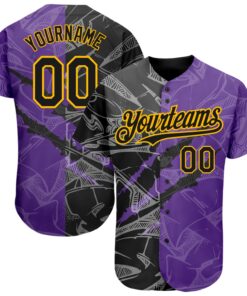 Custom Graffiti Pattern Black Purple-Gold 3D Scratch Authentic Baseball Jersey