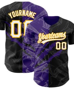 Custom Graffiti Pattern Black Purple-Gold 3D Scratch Authentic Baseball Jersey
