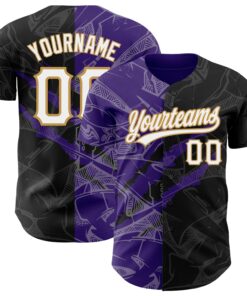 Custom Graffiti Pattern Black Purple-Old Gold 3D Scratch Authentic Baseball Jersey