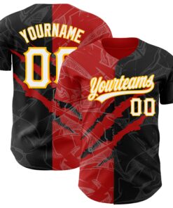 Custom Graffiti Pattern Black Red-Gold 3D Scratch Authentic Baseball Jersey