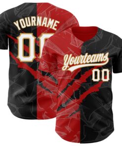 Custom Graffiti Pattern Black Red-Old Gold 3D Scratch Authentic Baseball Jersey