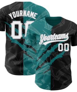 Custom Graffiti Pattern Black Teal-Gray 3D Scratch Authentic Baseball Jersey