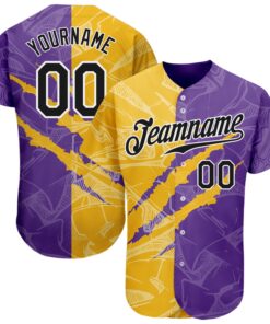 Custom Graffiti Pattern Black Yellow-Purple 3D Scratch Authentic Baseball Jersey