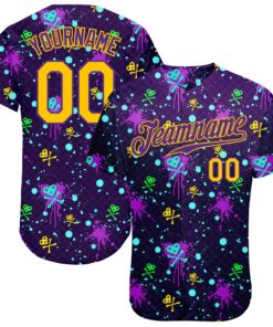 Custom Graffiti Pattern Gold-Purple 3D Clashing Colors Paint-Splatter Authentic Baseball Jersey