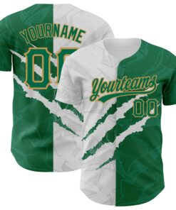 Custom Graffiti Pattern Kelly Green-Old Gold 3D Scratch Authentic Baseball Jersey