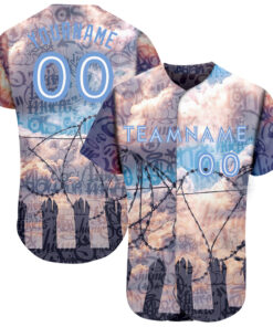 Custom Graffiti Pattern Light Blue-White 3D Freedom Authentic Baseball Jersey