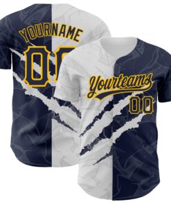 Custom Graffiti Pattern Navy-Gold 3D Scratch Authentic Baseball Jersey