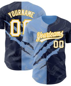 Custom Graffiti Pattern Navy Light Blue-Gold 3D Scratch Authentic Baseball Jersey