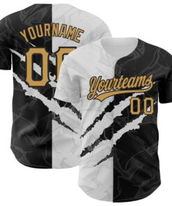 Custom Graffiti Pattern Old Gold-Black 3D Scratch Authentic Baseball Jersey