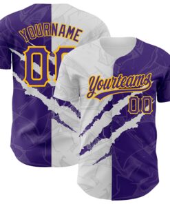 Custom Graffiti Pattern Purple-Gold 3D Scratch Authentic Baseball Jersey