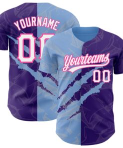 Custom Graffiti Pattern Purple Light Blue-Pink 3D Scratch Authentic Baseball Jersey