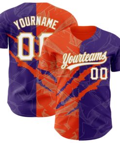 Custom Graffiti Pattern Purple Orange-Old Gold 3D Scratch Authentic Baseball Jersey