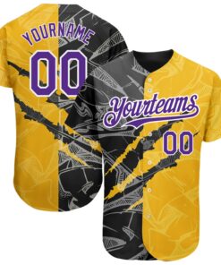 Custom Graffiti Pattern Purple Yellow-Black 3D Scratch Authentic Baseball Jersey