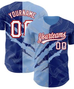 Custom Graffiti Pattern Royal Light Blue-Red 3D Scratch Authentic Baseball Jersey