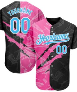 Custom Graffiti Pattern Sky Blue Black-Pink 3D Scratch Authentic Baseball Jersey