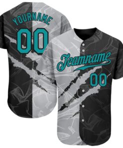 Custom Graffiti Pattern Teal Gray-Black 3D Scratch Authentic Baseball Jersey