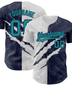 Custom Graffiti Pattern Teal-Navy 3D Scratch Authentic Baseball Jersey