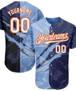 Custom Graffiti Pattern White Navy Light Blue-Orange 3D Scratch Authentic Baseball Jersey