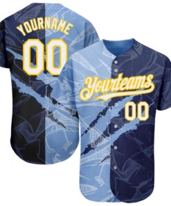 Custom Graffiti Pattern White Navy Light Blue-Yellow 3D Scratch Authentic Baseball Jersey