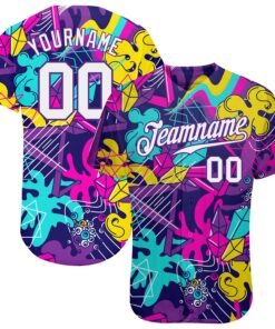 Custom Graffiti Pattern White-Purple 3D Authentic Baseball Jersey