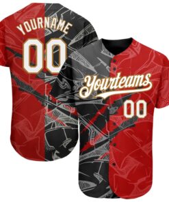 Custom Graffiti Pattern White Red Black-Old Gold 3D Scratch Authentic Baseball Jersey