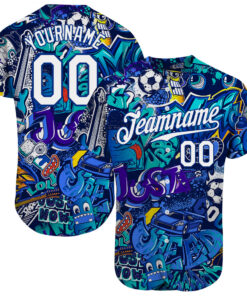 Custom Graffiti Pattern White-Royal 3D Authentic Baseball Jersey