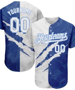 Custom Graffiti Pattern White Royal-Light Blue 3D Scratch Authentic Baseball Jersey