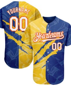 Custom Graffiti Pattern White Royal Yellow-Orange 3D Scratch Authentic Baseball Jersey