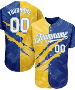 Custom Graffiti Pattern White Yellow Royal-Light Blue 3D Scratch Authentic Baseball Jersey