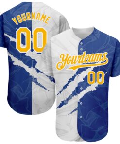Custom Graffiti Pattern Yellow-Royal 3D Scratch Authentic Baseball Jersey