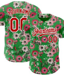 Custom Grass Green Red-White 3D Pattern Design Northeast China Big Flower Authentic Baseball Jersey