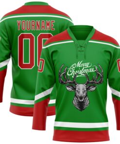 Custom Grass Green Red-White Christmas Reindeer 3D Hockey Lace Neck Jersey