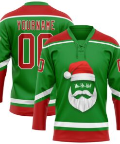 Custom Grass Green Red-White Christmas Santa Claus 3D Hockey Lace Neck Jersey