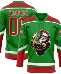 Custom Grass Green Red-White Christmas Santa Claus 3D Hockey Lace Neck Jersey