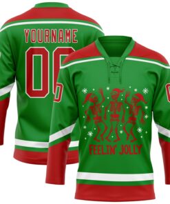 Custom Grass Green Red-White Funny Christmas 3D Hockey Lace Neck Jersey