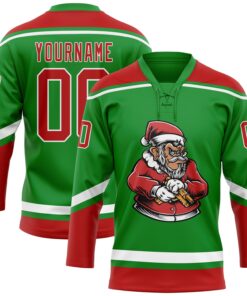 Custom Grass Green Red-White Funny Christmas 3D Hockey Lace Neck Jersey