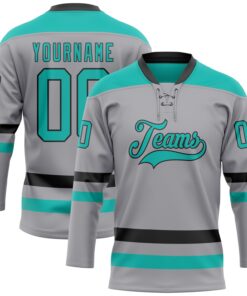 Custom Gray Aqua-Black Hockey Lace Neck Jersey