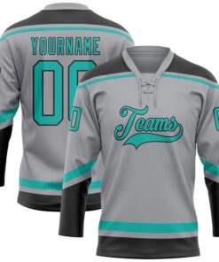Custom Gray Aqua-Black Hockey Lace Neck Jersey