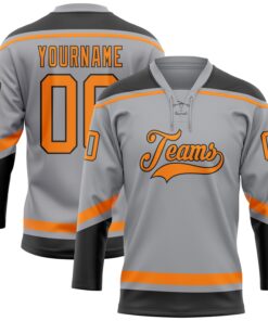 Custom Gray Bay Orange-Black Hockey Lace Neck Jersey