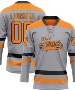 Custom Gray Bay Orange-Black Hockey Lace Neck Jersey