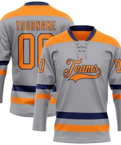 Custom Gray Bay Orange-Navy Hockey Lace Neck Jersey