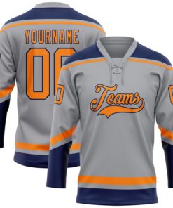 Custom Gray Bay Orange-Navy Hockey Lace Neck Jersey