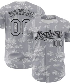 Custom Gray Black 3D Pattern Design Boats And Fish Authentic Baseball Jersey