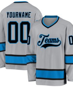 Custom Gray Black-Blue Hockey Jersey