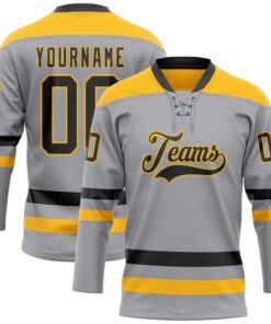 Custom Gray Black-Gold Hockey Lace Neck Jersey