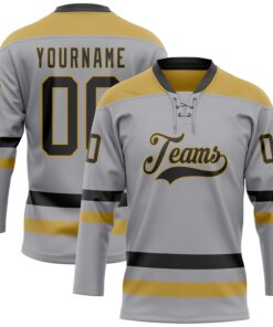 Custom Gray Black-Old Gold Hockey Lace Neck Jersey