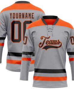 Custom Gray Black-Orange Hockey Lace Neck Jersey