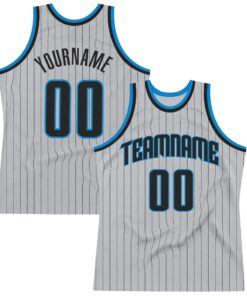 Custom Gray Black Pinstripe Black-Blue Authentic Basketball Jersey