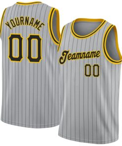 Custom Gray Black Pinstripe Black-Gold Authentic Basketball Jersey