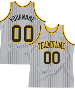 Custom Gray Black Pinstripe Black-Gold Authentic Basketball Jersey